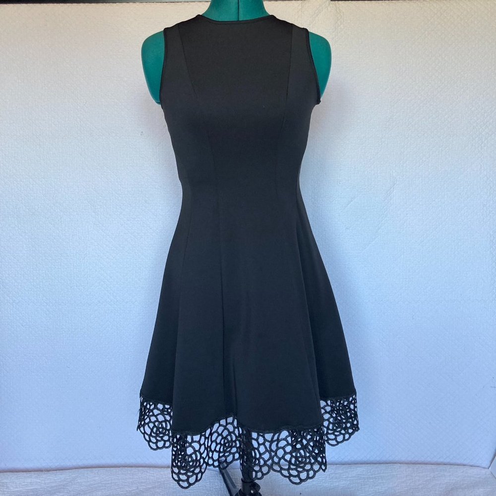 DR Collection Black Scuba A Line Dress with Laser Cut Hem sz 2P (Petite)